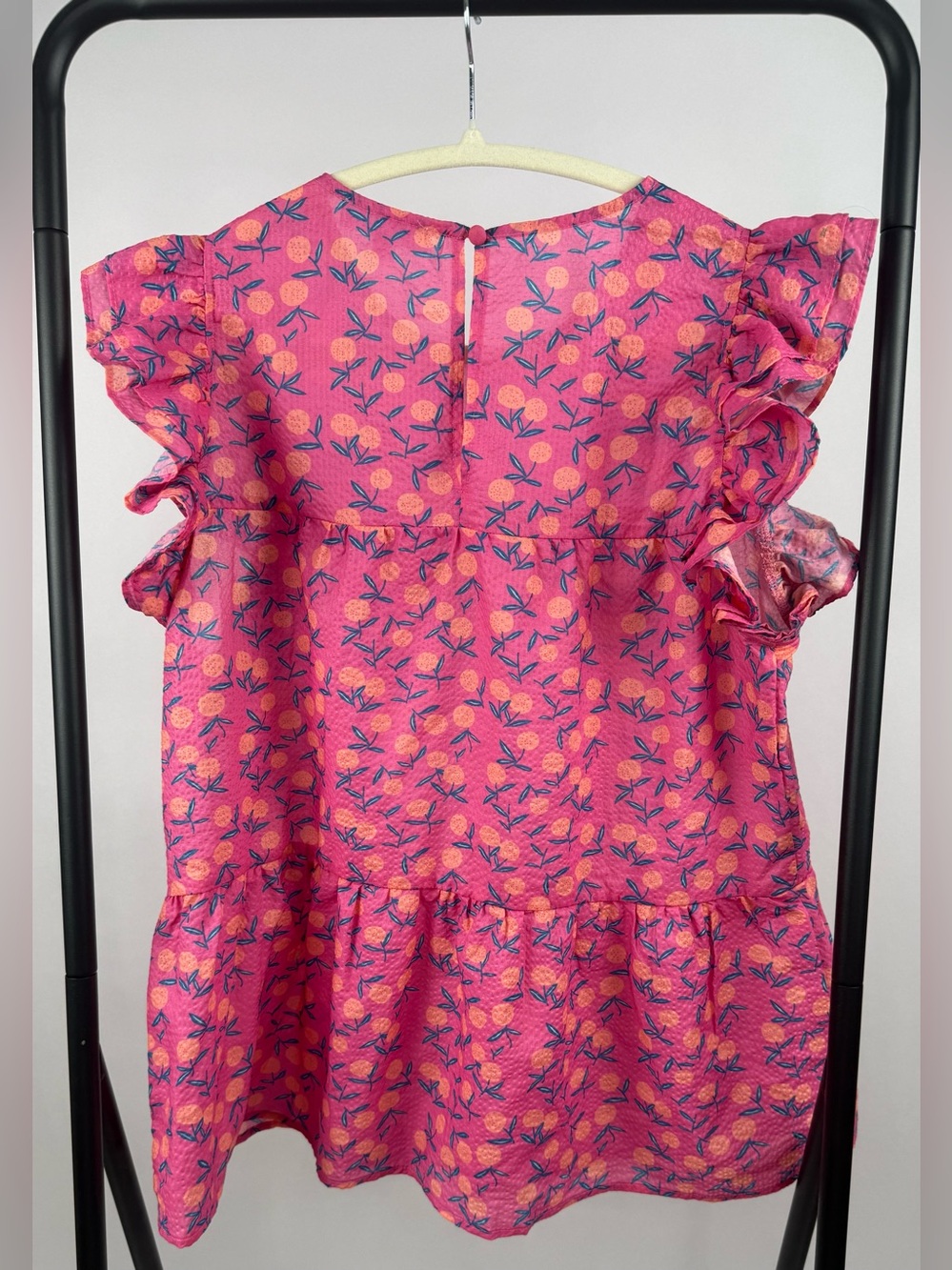 THML Pink Orange Print Ruffle Sleeve Peplum Blouse Top Women’s Medium Boho - Picture 3 of 6
